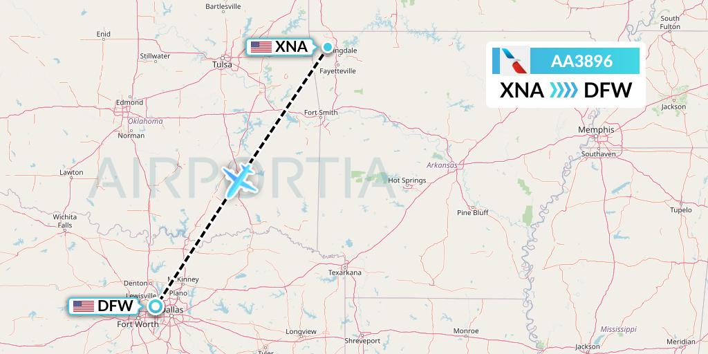 AA3896 American Airlines Flight Map: Bentonville to Dallas