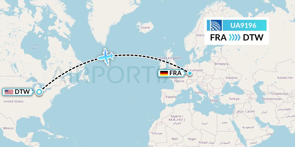 UA9196 United Airlines Flight Map: Frankfurt to Detroit