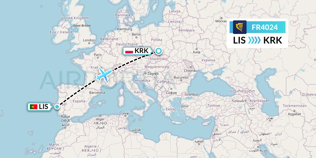 FR4024 Ryanair Flight Map: Lisbon to Krakow
