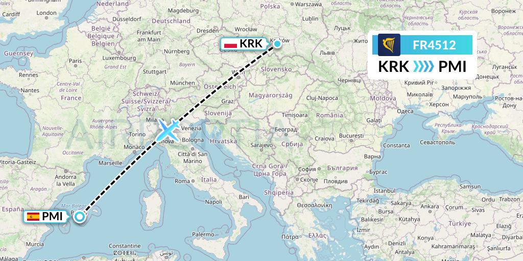 FR4512 Ryanair Flight Map: Krakow to Palma de Mallorca