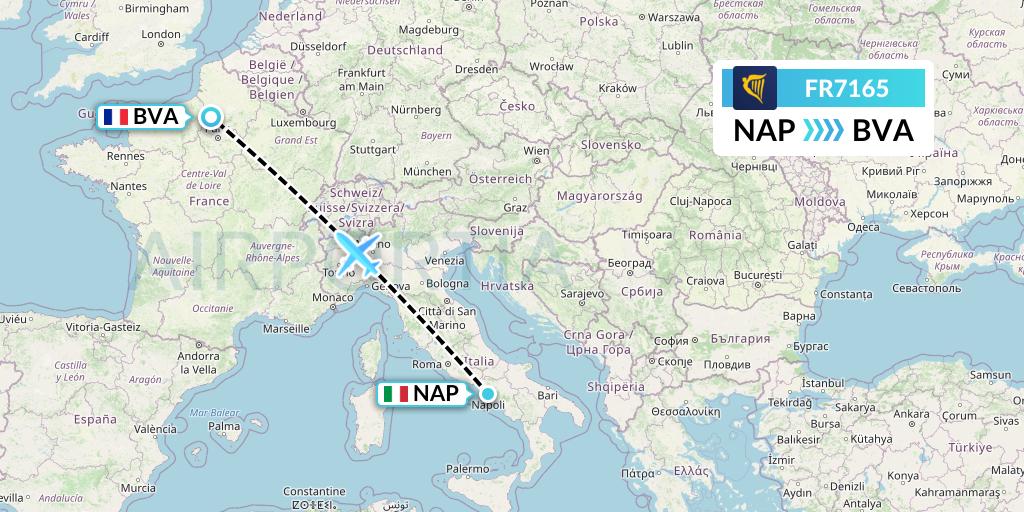 FR7165 Ryanair Flight Map: Naples to Paris