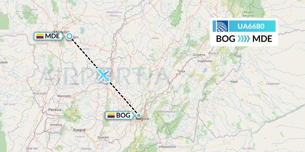UA6680 United Airlines Flight Map: Bogota to Medellin