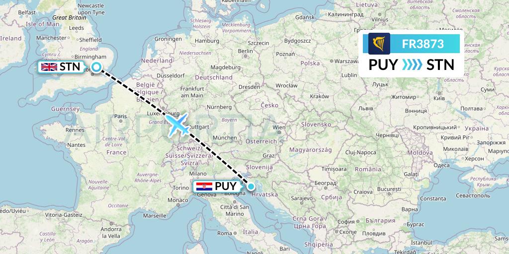 FR3873 Ryanair Flight Map: Pula to London