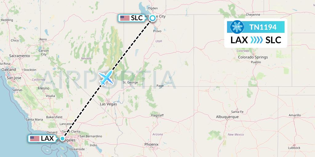TN1194 Air Tahiti Nui Flight Map: Los Angeles to Salt Lake City