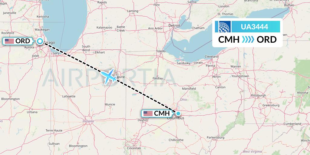 UA3444 United Airlines Flight Map: Columbus to Chicago