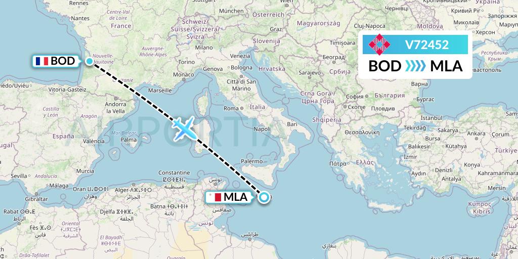 V72452 Volotea Flight Map: Bordeaux to Malta