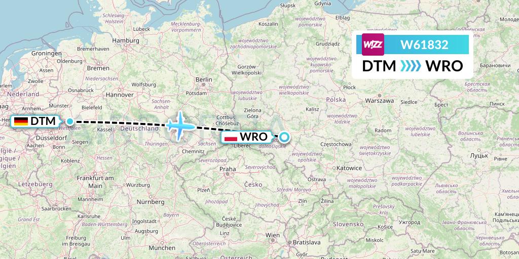 W61832 Wizz Air Flight Map: Dortmund to Wroclaw