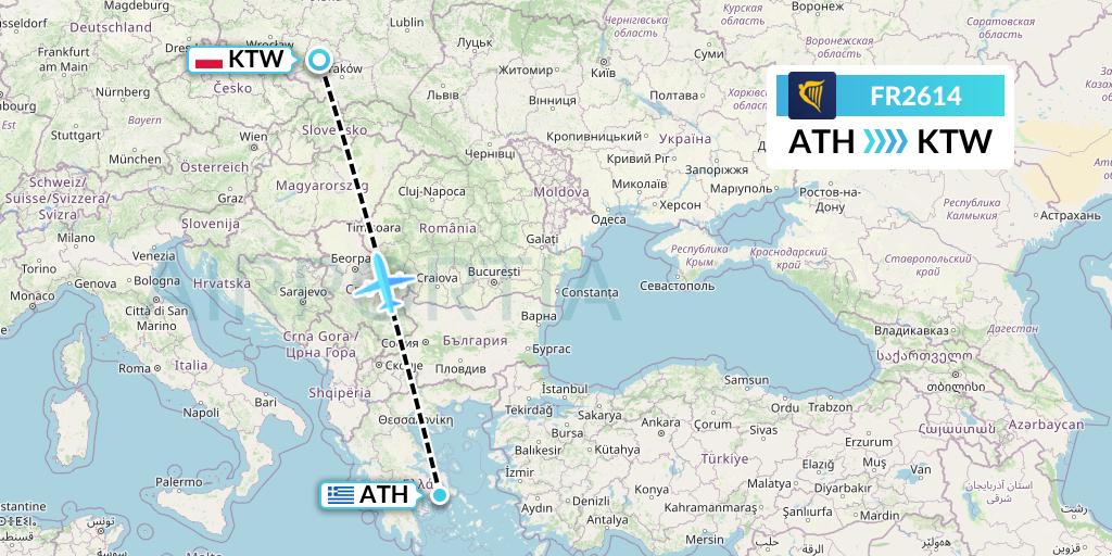 FR2614 Ryanair Flight Map: Athens to Katowice