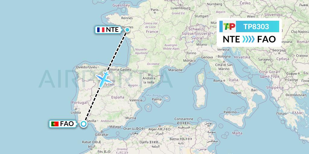 TP8303 TAP Portugal Flight Map: Nantes to Faro