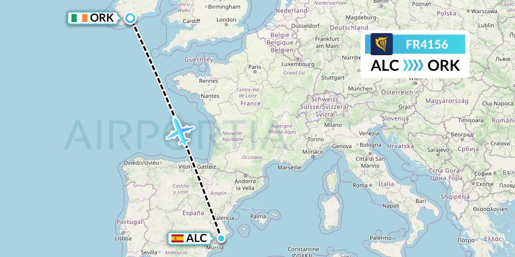 FR4156 Ryanair Flight Map: Alicante to Cork