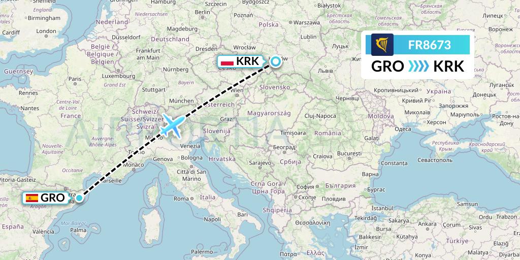 FR8673 Ryanair Flight Map: Girona to Krakow