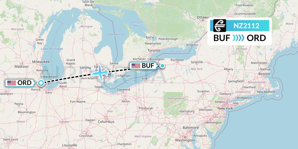 NZ2112 Air New Zealand Flight Map: Buffalo to Chicago