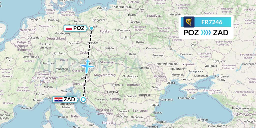 FR7246 Ryanair Flight Map: Poznan to Zadar