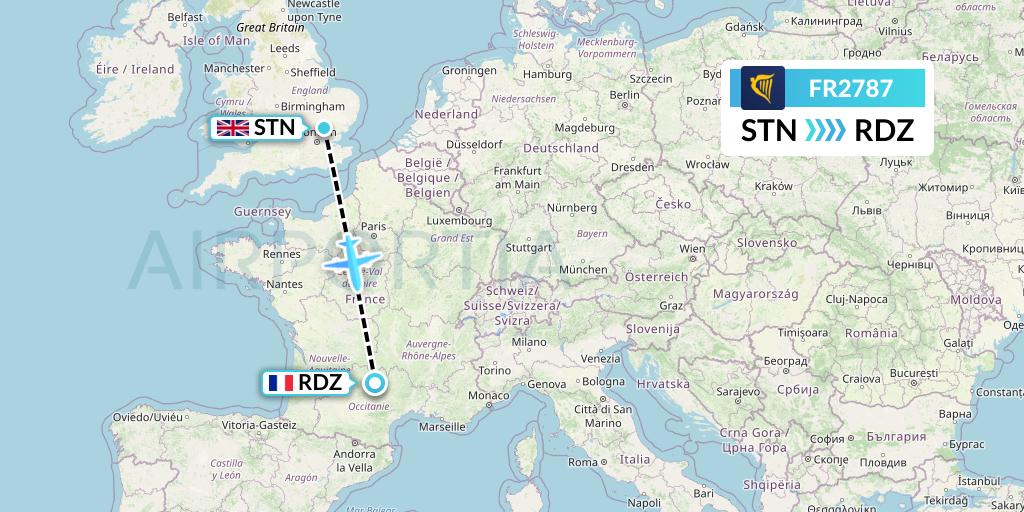FR2787 Ryanair Flight Map: London to Rodez