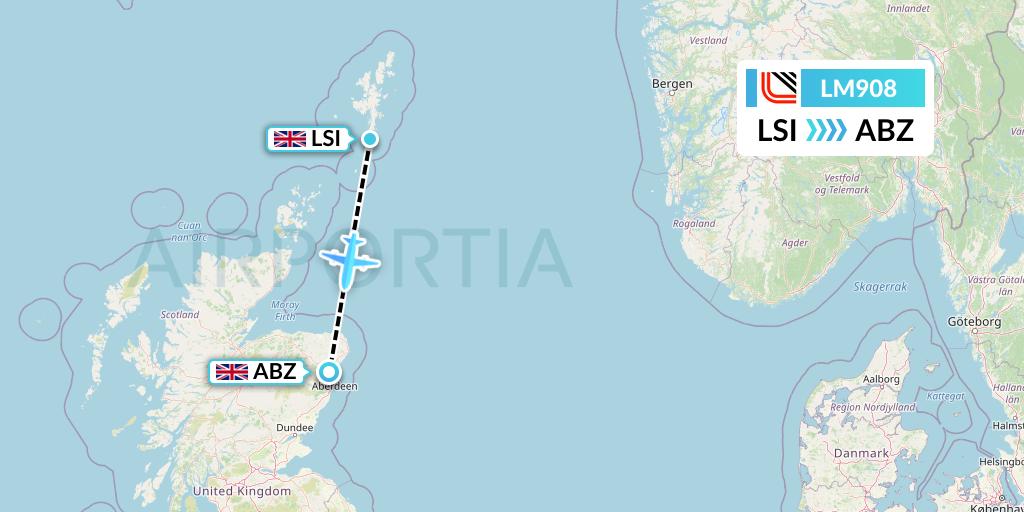 LM908 Loganair Flight Map: Sumburgh to Aberdeen