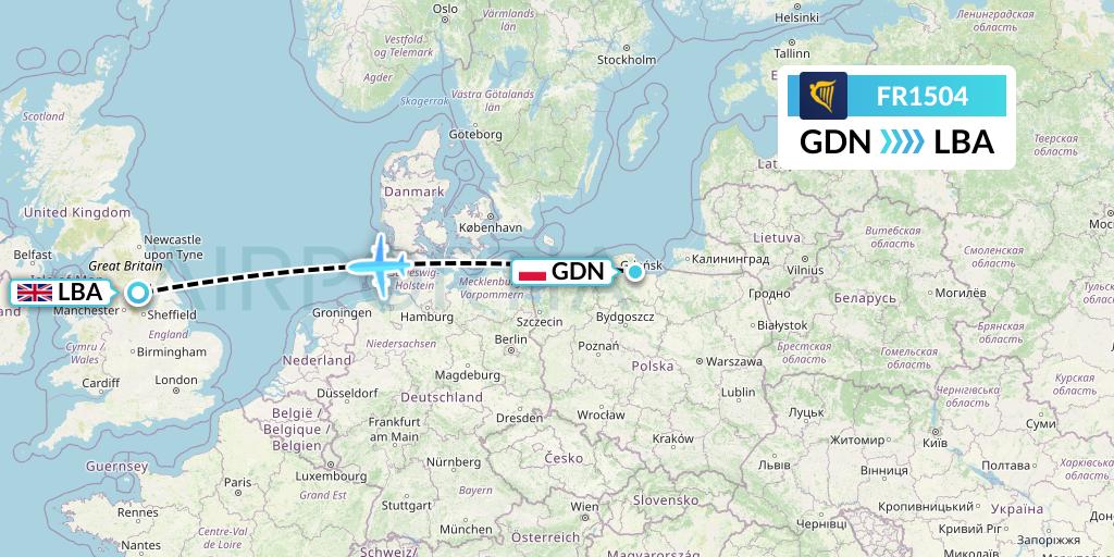 FR1504 Ryanair Flight Map: Gdansk to Leeds
