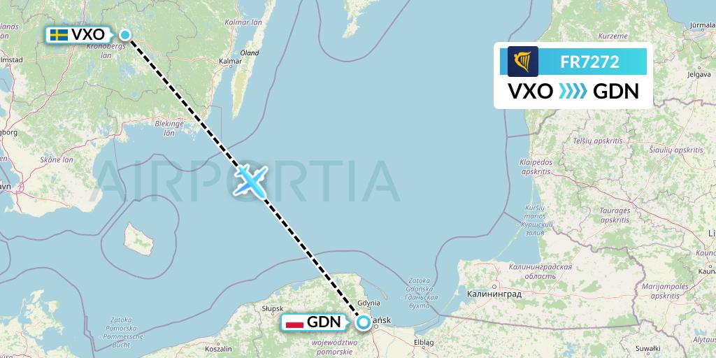 FR7272 Ryanair Flight Map: Vaxjo to Gdansk
