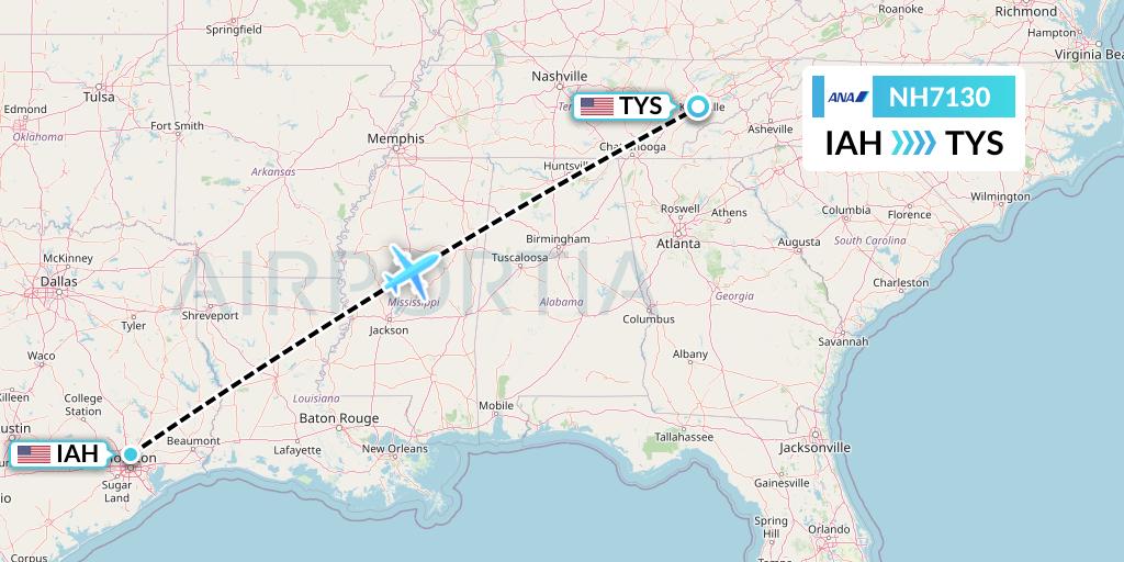 NH7130 All Nippon Airways Flight Map: Houston to Knoxville