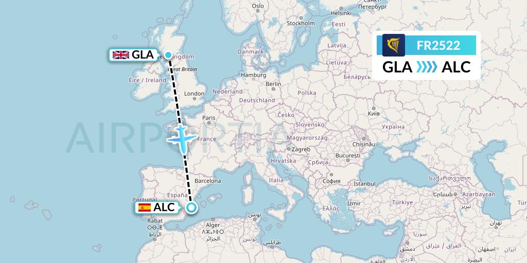 FR2522 Ryanair Flight Map: Glasgow to Alicante