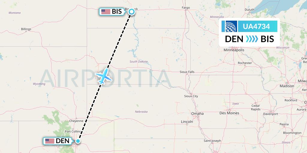 UA4734 United Airlines Flight Map: Denver to Bismarck
