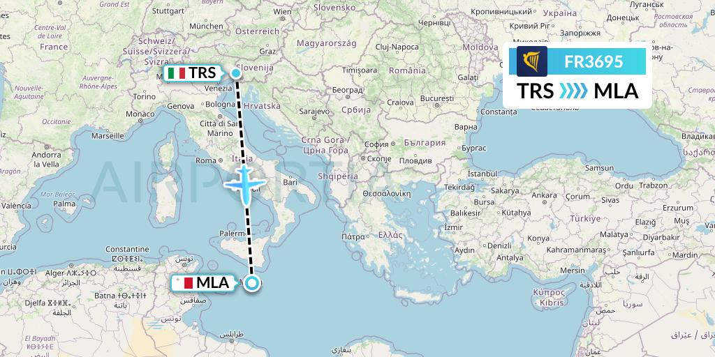 FR3695 Ryanair Flight Map: Trieste to Malta