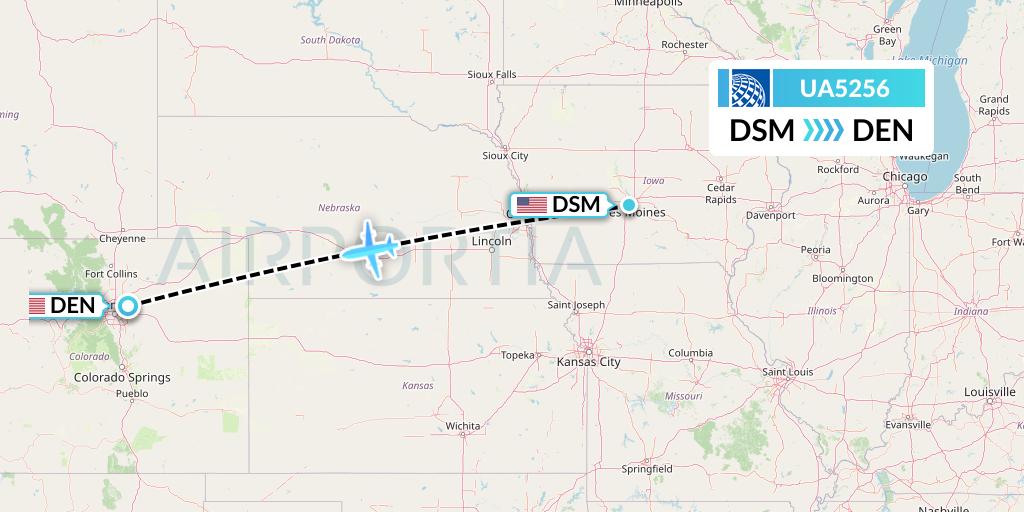 UA5256 United Airlines Flight Map: Des Moines to Denver