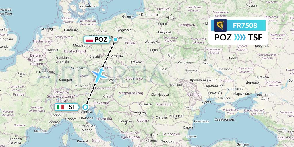 FR7508 Ryanair Flight Map: Poznan to Treviso