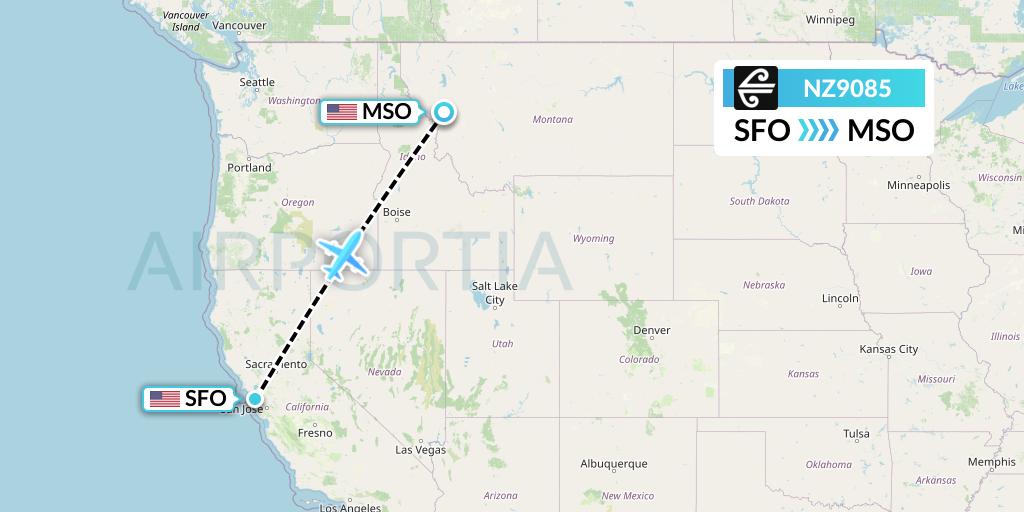 NZ9085 Air New Zealand Flight Map: San Francisco to Missoula