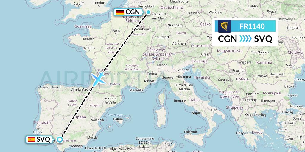 FR1140 Ryanair Flight Map: Cologne to Seville