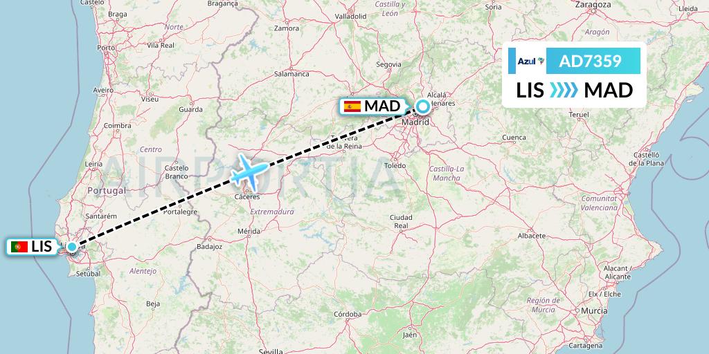 AD7359 Azul Brazilian Airlines Flight Map: Lisbon to Madrid