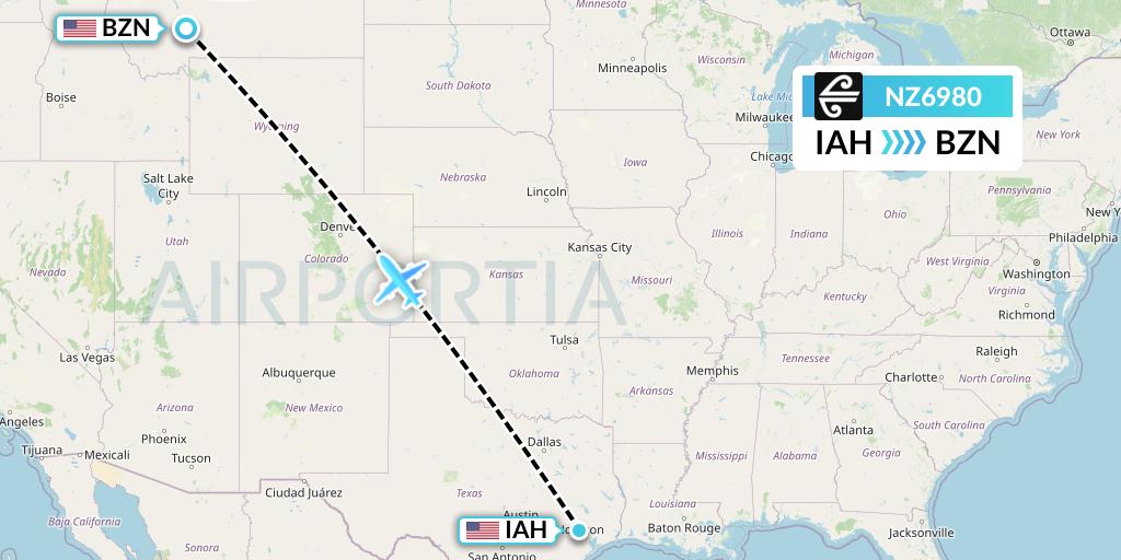 NZ6980 Air New Zealand Flight Map: Houston to Bozeman