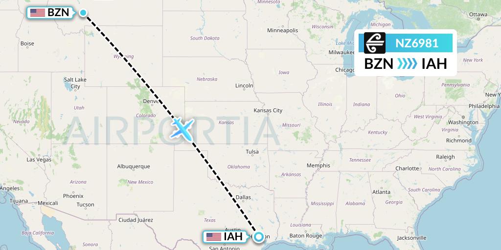 NZ6981 Air New Zealand Flight Map: Bozeman to Houston