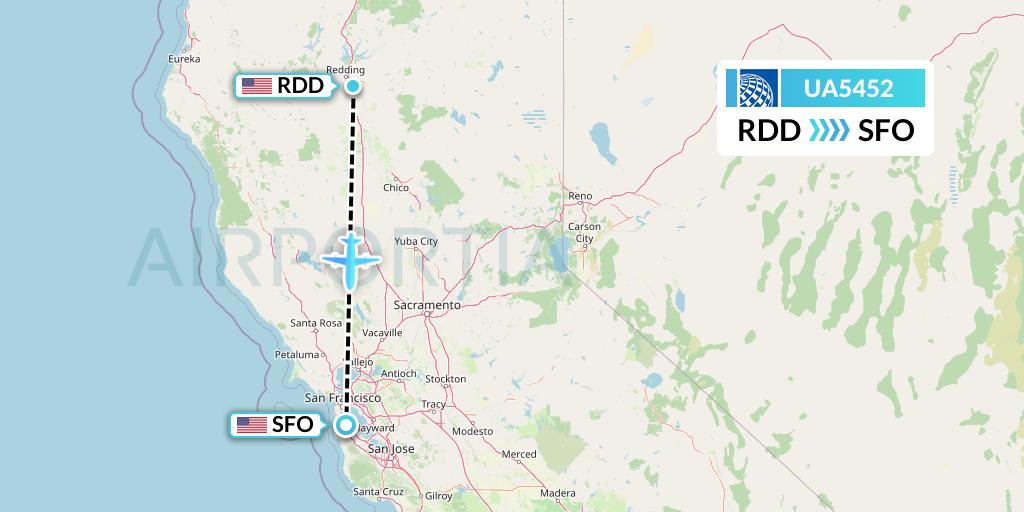 UA5452 United Airlines Flight Map: Redding to San Francisco