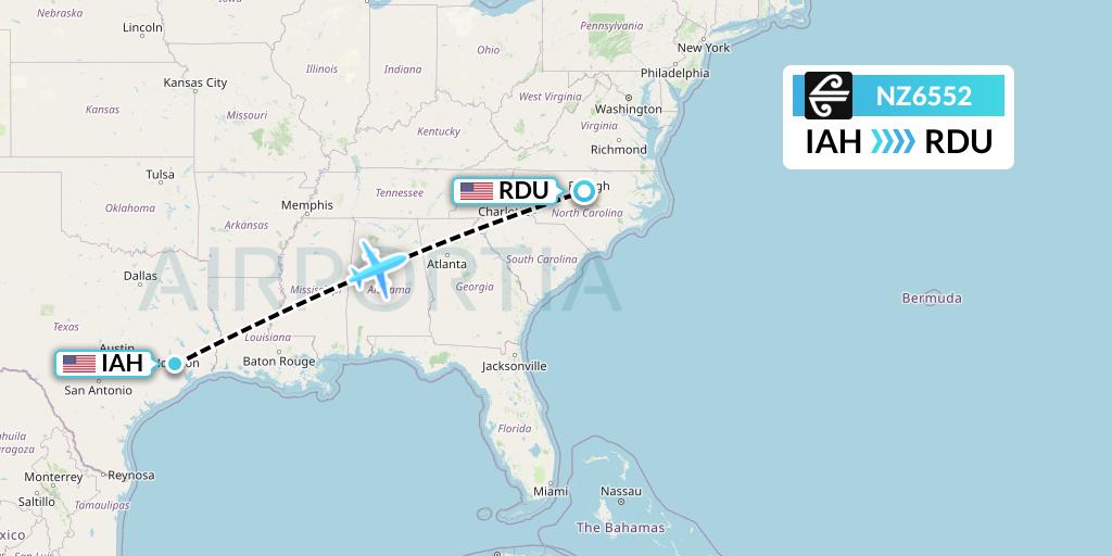 NZ6552 Air New Zealand Flight Map: Houston to Raleigh-Durham