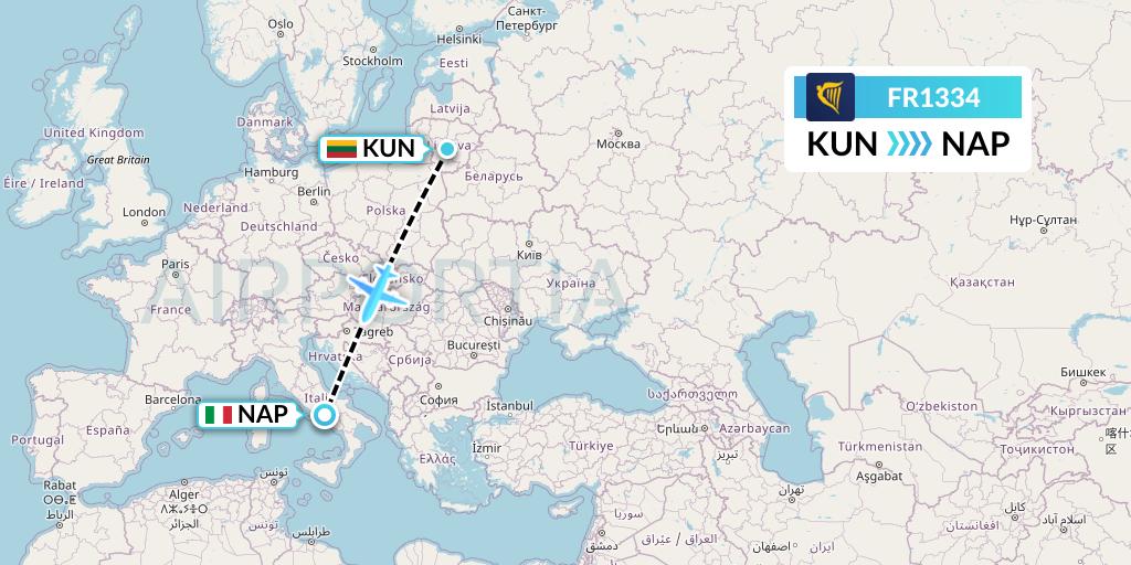FR1334 Ryanair Flight Map: Kaunas to Naples