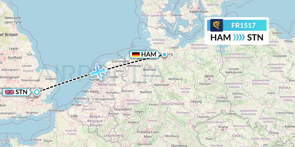FR1517 Ryanair Flight Map: Hamburg to London