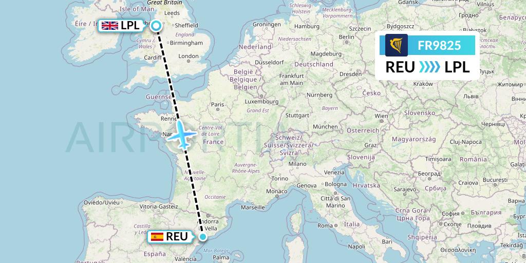 FR9825 Ryanair Flight Map: Reus to Liverpool