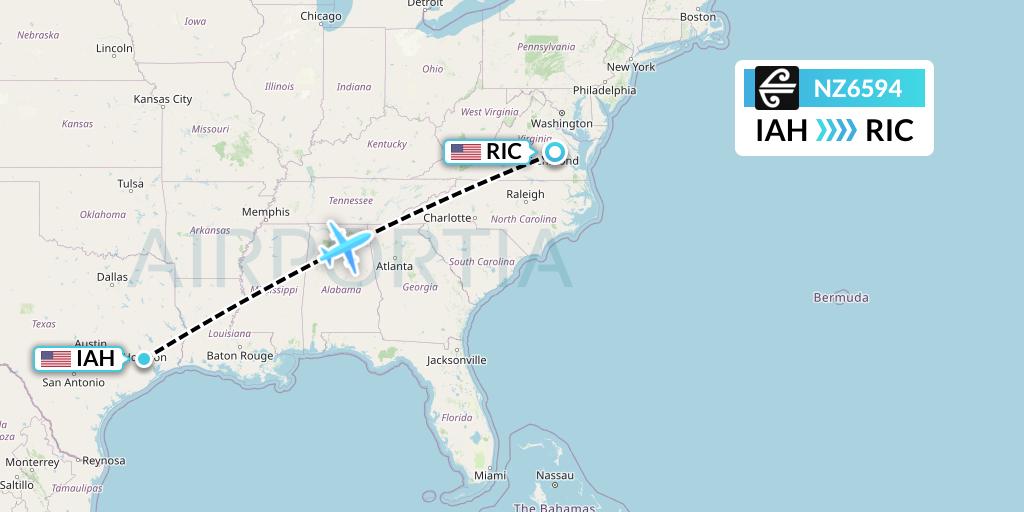 NZ6594 Air New Zealand Flight Map: Houston to Richmond