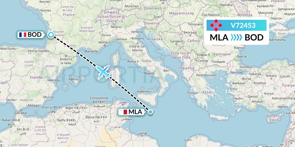 V72453 Volotea Flight Map: Malta to Bordeaux