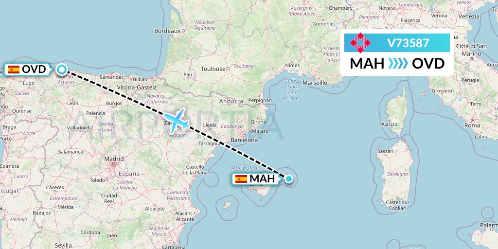 V73587 Volotea Flight Map: Mahon to Asturias