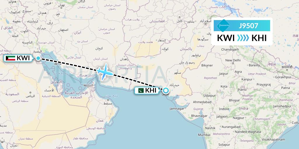 J9507 Jazeera Airways Flight Map: Kuwait City to Karachi