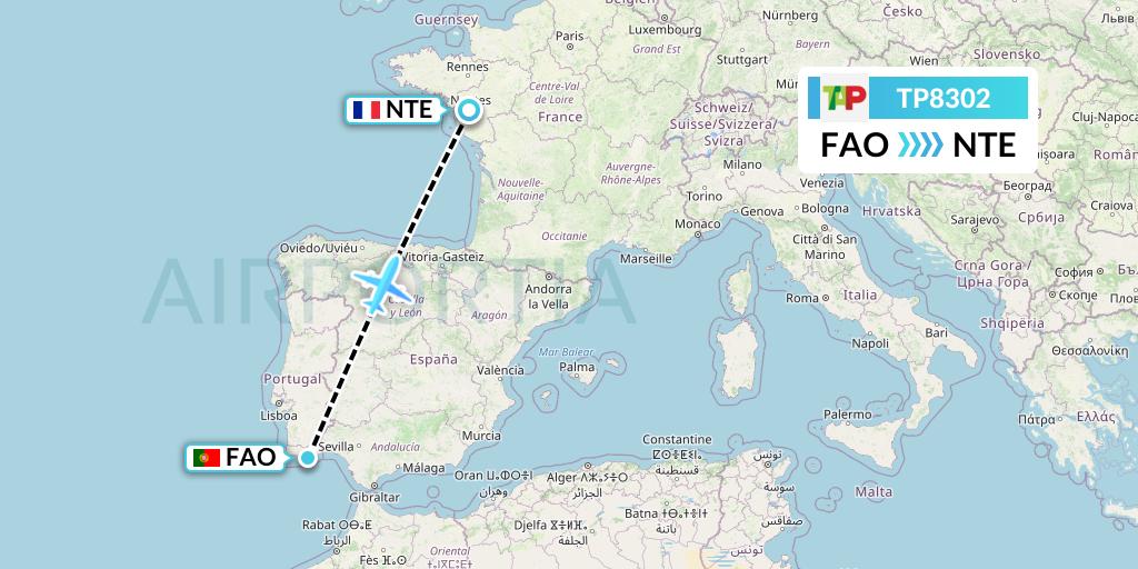 TP8302 TAP Portugal Flight Map: Faro to Nantes