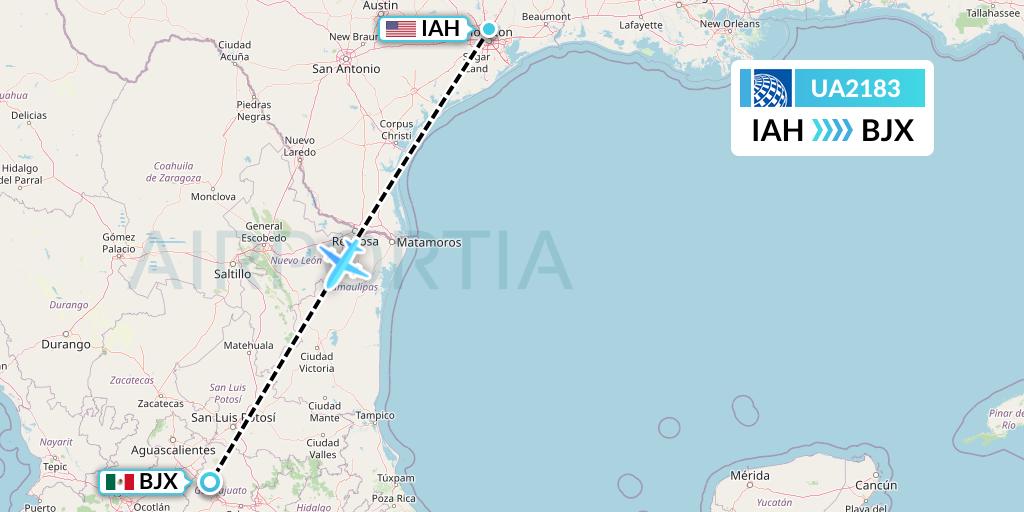 UA2183 United Airlines Flight Map: Houston to Silao