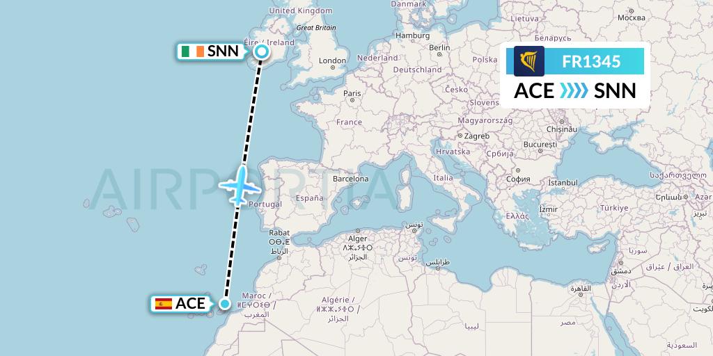 FR1345 Ryanair Flight Map: Lanzarote to Shannon