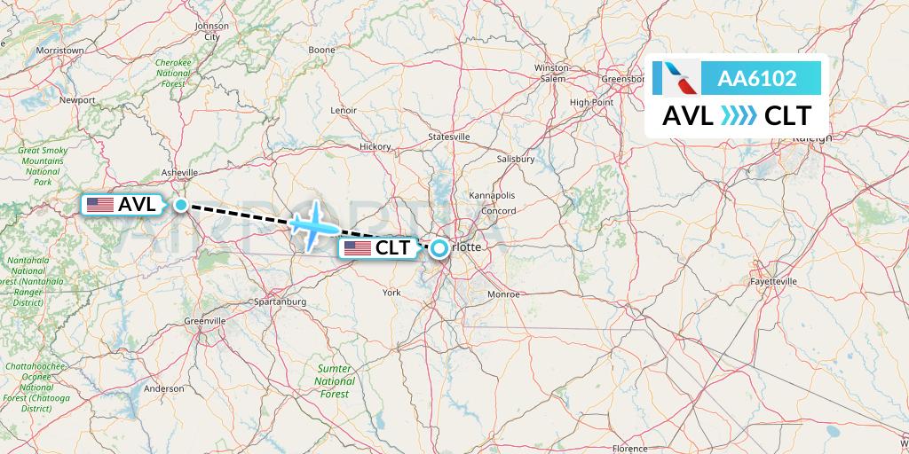 AA6102 American Airlines Flight Map: Asheville to Charlotte