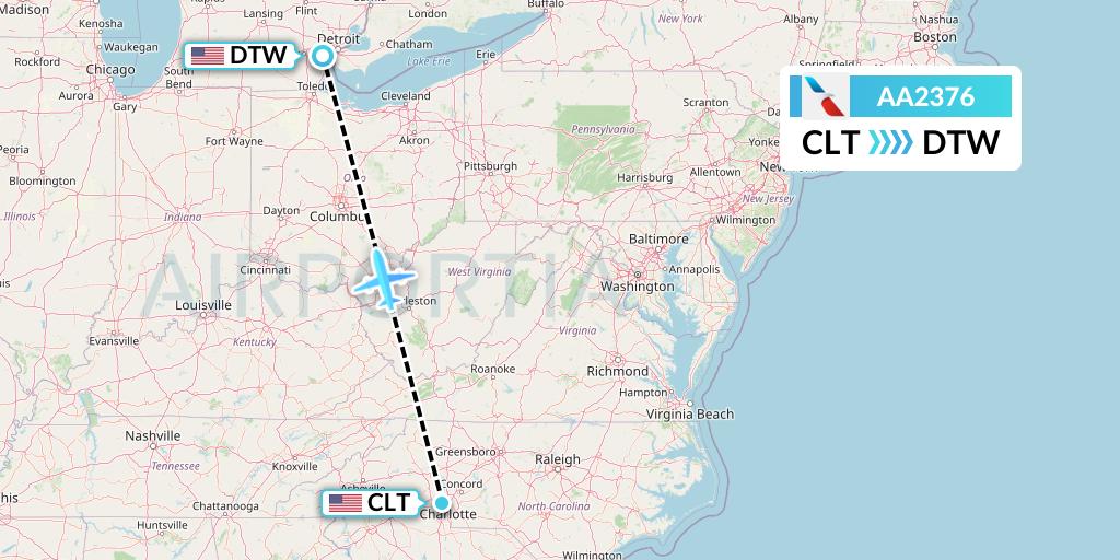 AA2376 American Airlines Flight Map: Charlotte to Detroit