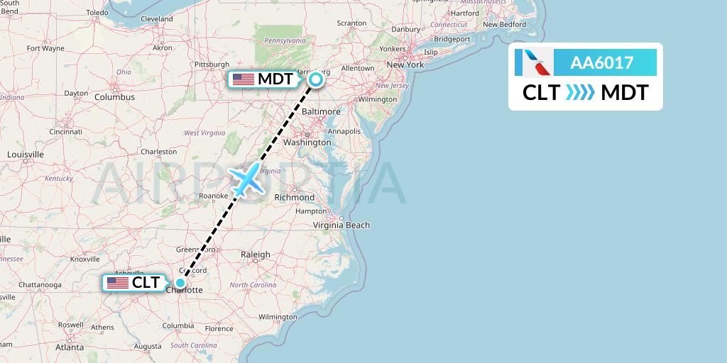 AA6017 American Airlines Flight Map: Charlotte to Harrisburg