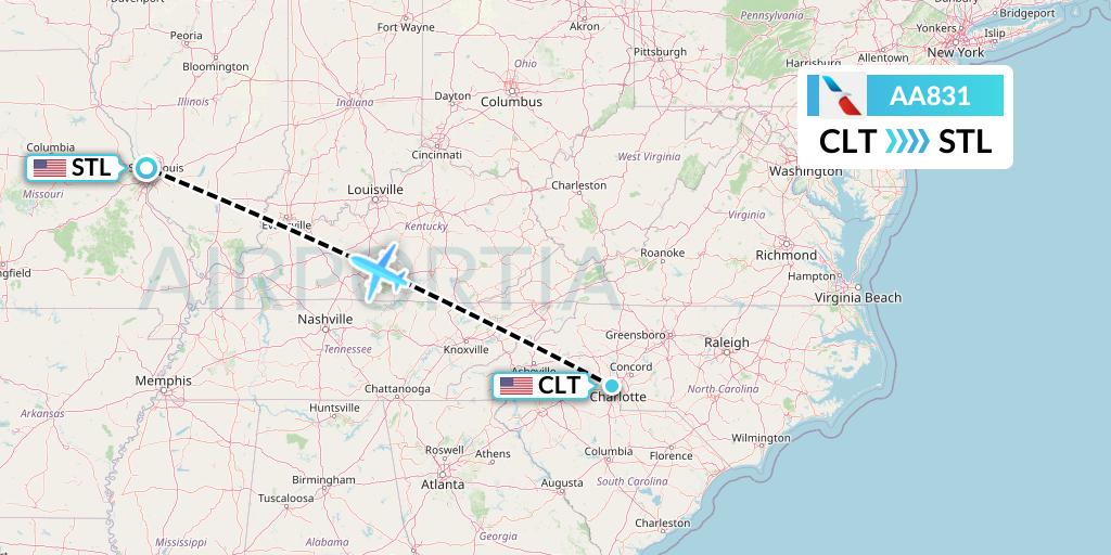 AA831 American Airlines Flight Map: Charlotte to St. Louis