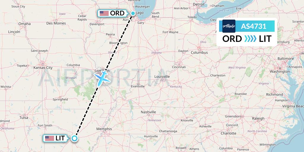 AS4731 Alaska Airlines Flight Map: Chicago to Little Rock