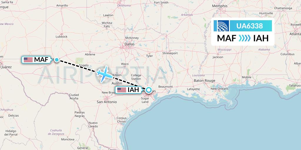 UA6338 United Airlines Flight Map: Midland to Houston
